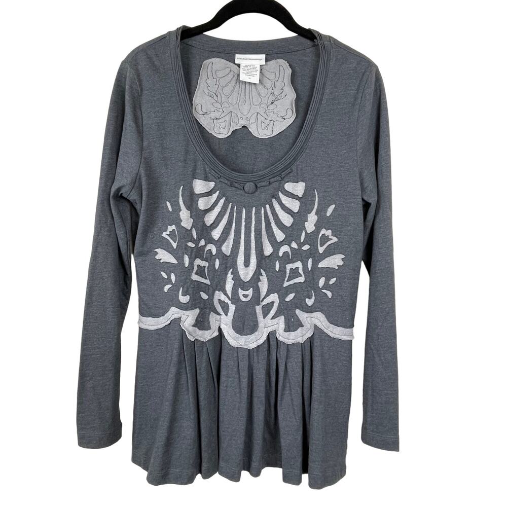 Soft Surroundings Gray Laser Cut Top M Long‎ Sleeve Scoop Neck Boho Cottagecore